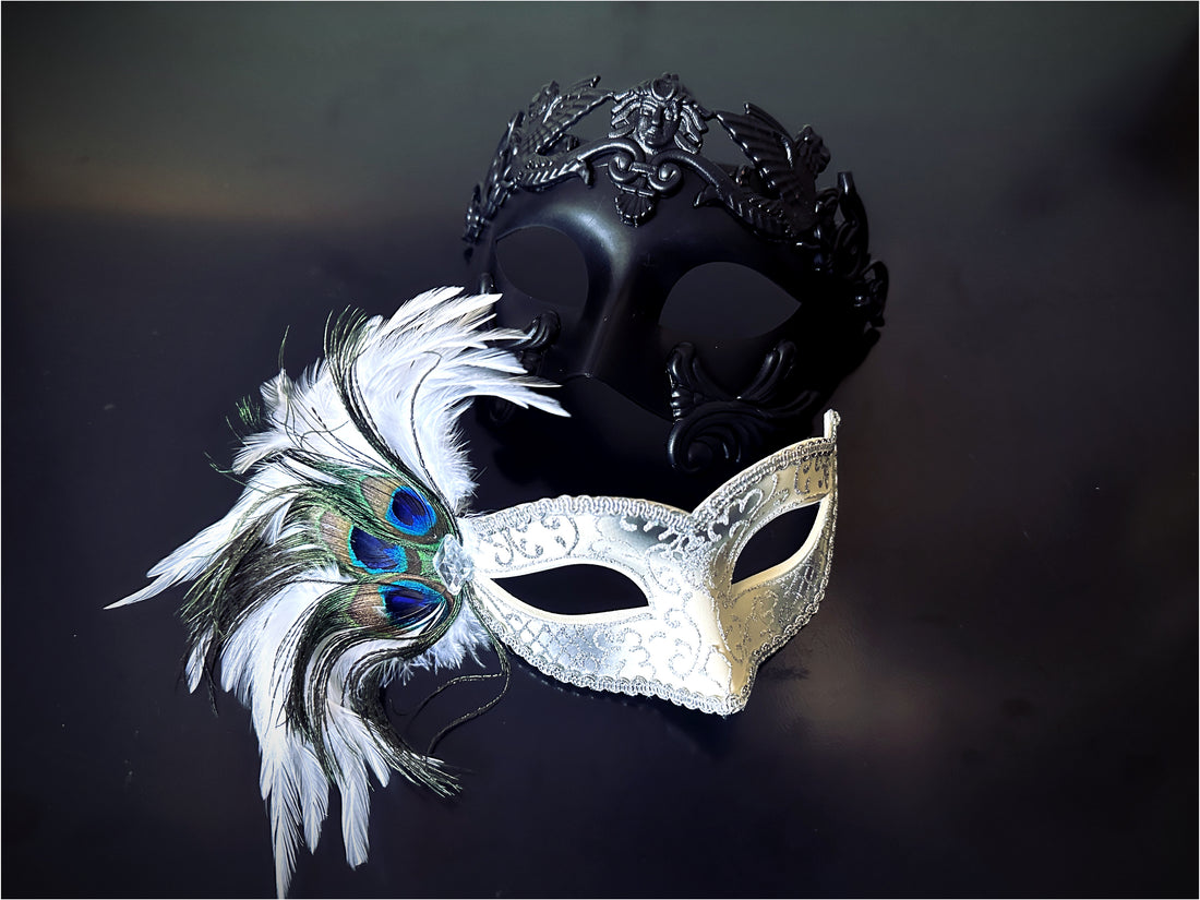 White and black masquerade mask set with peacock feathers and crown accents for prom, Mardi Gras, or ball-themed couples costumes