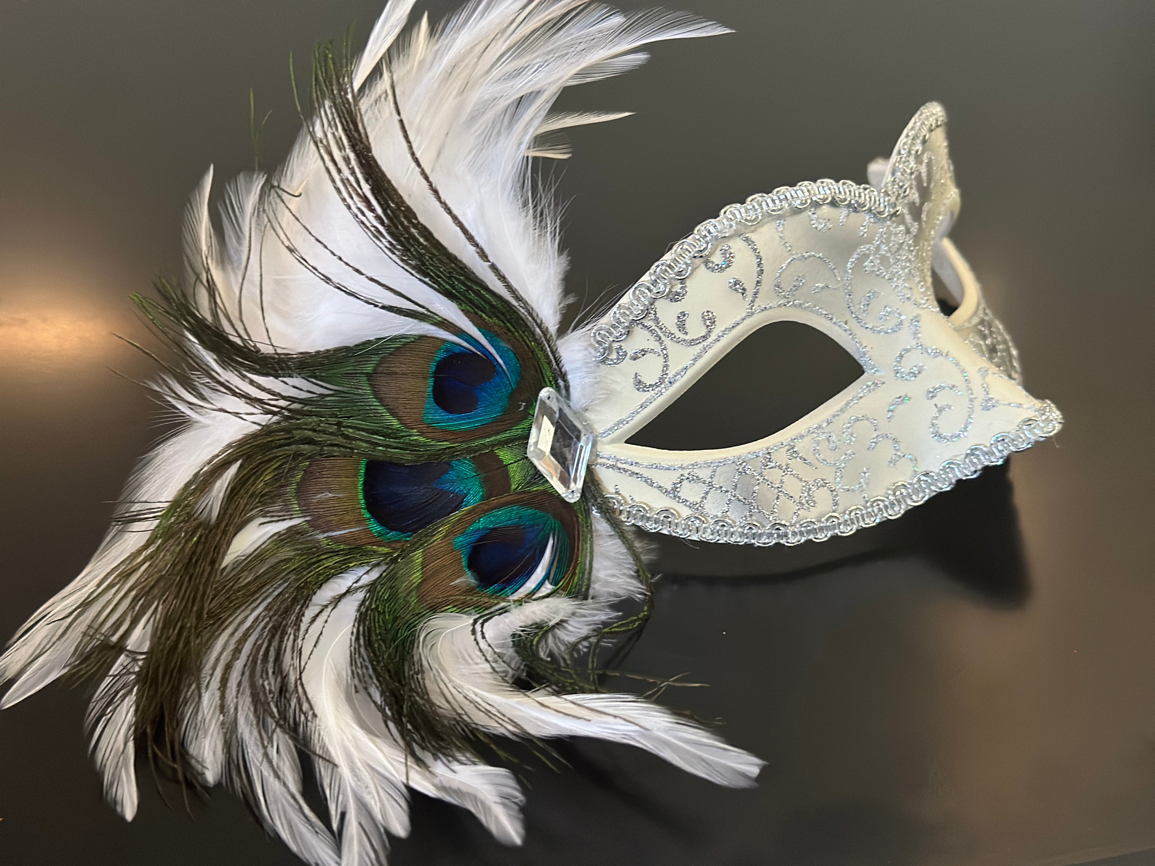 Peacock feather white masquerade party mask with glitter scrolls