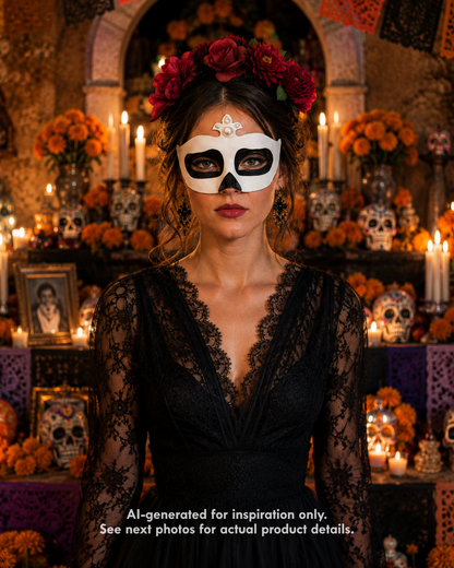 Pearl Noir white masquerade mask with black skull-inspired eye details, black nose accent, pearl-style crest, and gothic costume styling.