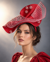 Peppermint Twist Holiday Fascinator with red sinamay base, white sculptural loops, and peppermint candy accents.