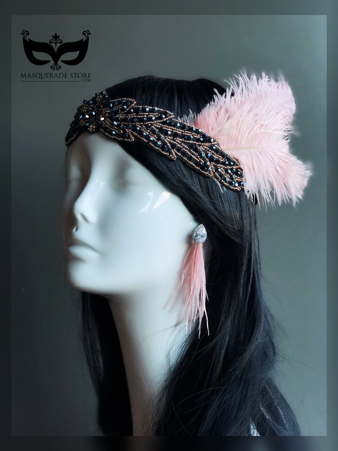 Pink feather flapper headband with black beaded band, 1920s Gatsby costume hairpiece.