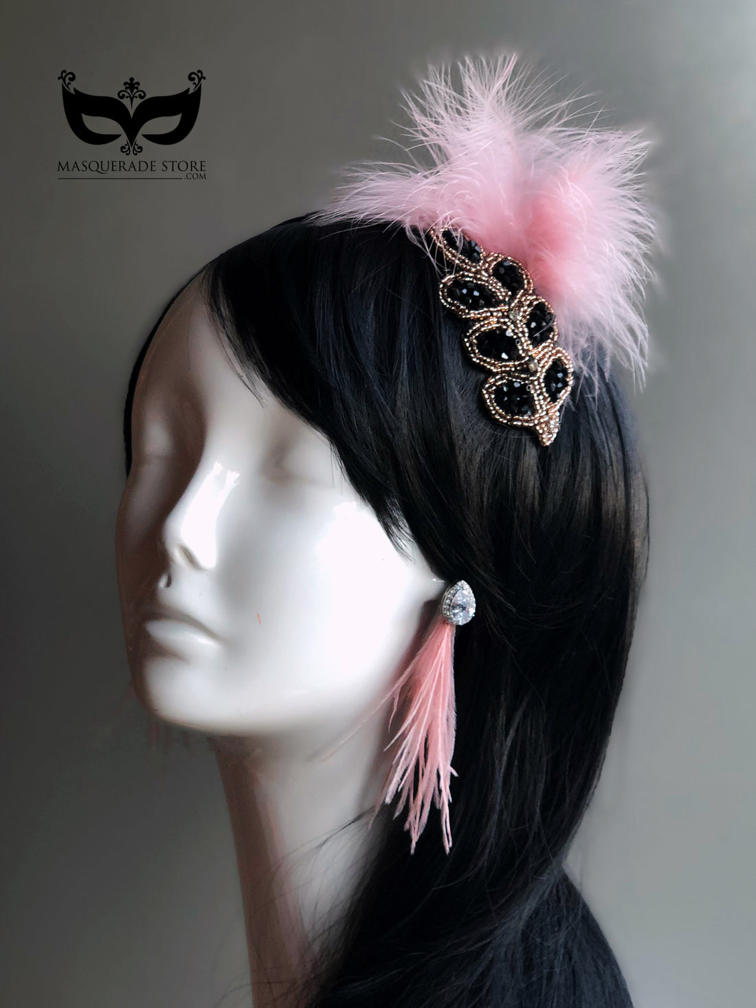 Pink feather hairpiece with jeweled black beading and matching earrings, Gatsby 1920s flapper fascinator set.