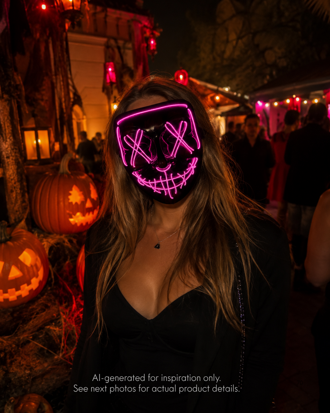 Pink Voltage LED light-up mask with glowing pink X eyes, stitched smile design, full-face shape, replaceable battery, and three lighting settings.