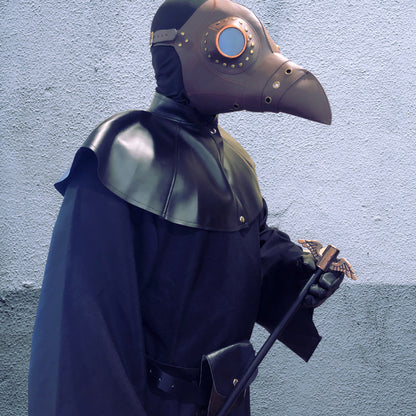 Full masquerade outfit with plague doctor mask, goggles, and black cape.