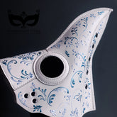 Blue and white plague masquerade mask with ornamental detailing and dramatic beak for Halloween balls or fantasy parties.