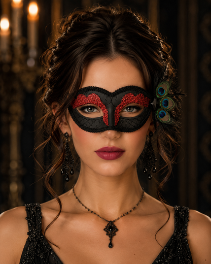 Black peacock feather masquerade mask with tonal glitter scrollwork, braided trim, black crystal accent, layered feathers, and ribbon ties.