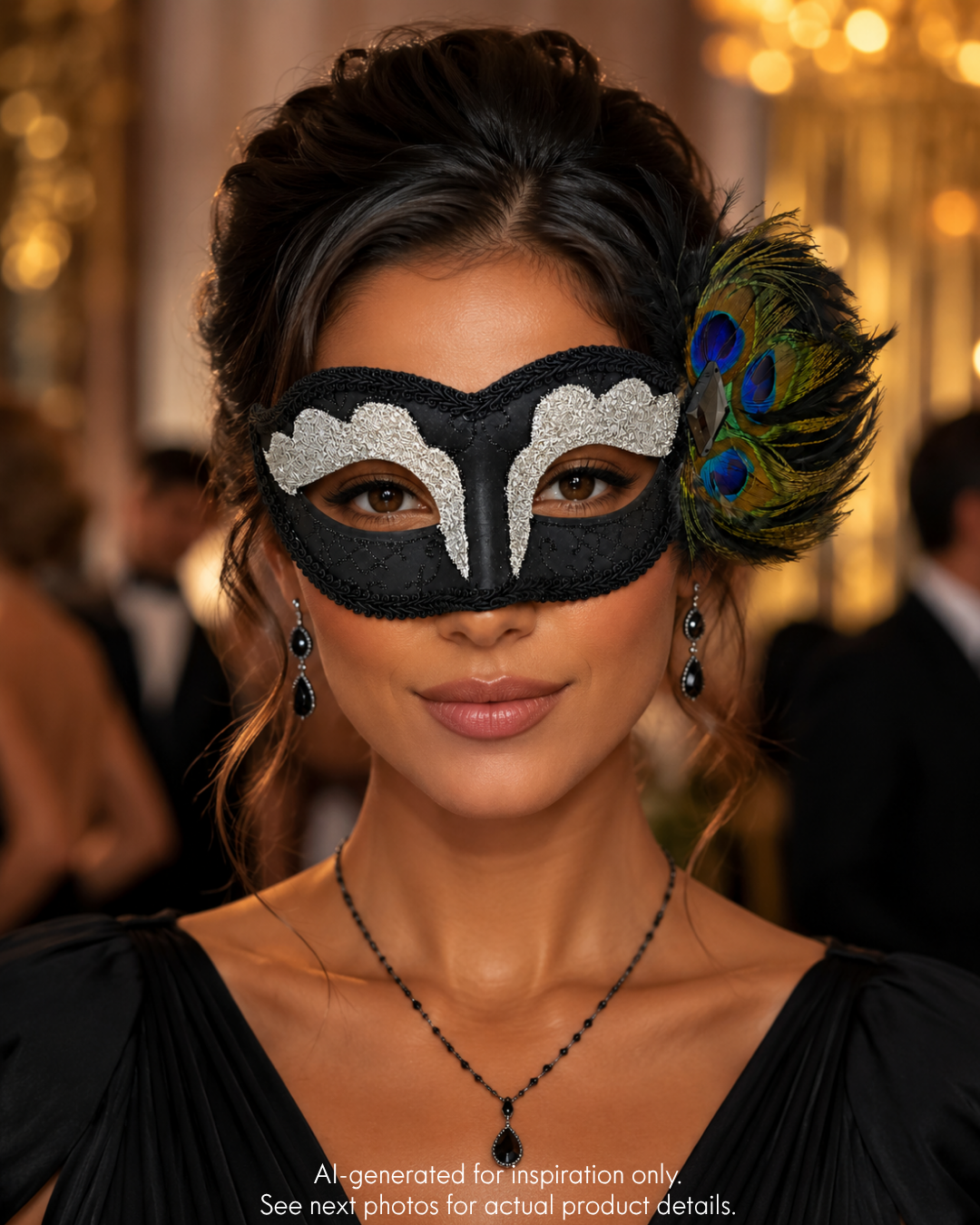 Black and silver peacock feather masquerade mask with silver glitter eye accents, black trim, jewel detail, and ribbon ties for formal gala events.
