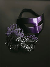 Purple and black masquerade couples masks, one sleek and one ornate metal lace design with rhinestones, ideal for Venetian masquerade balls and parties.
