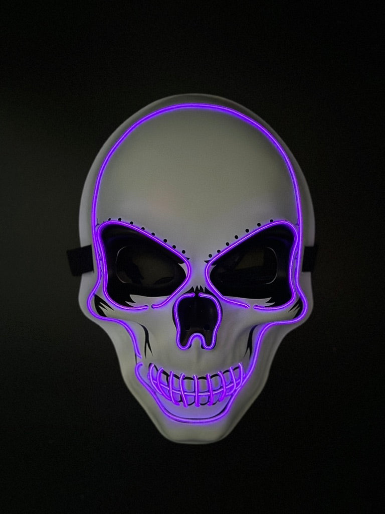Purple Glow Skull Neon LED mask with glowing purple skull outline, eye, nose, and mouth details, replaceable battery, and three lighting settings.