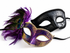 Purple and gold couples masquerade mask set with men’s blue eye mask and women’s peacock feather Venetian mask for formal masquerade styling.