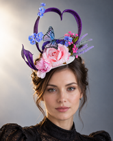 Purple Heart Bloom Fascinator featuring a purple heart-shaped sinamay loop, pink roses, lavender flowers, butterfly accent, and headband.
