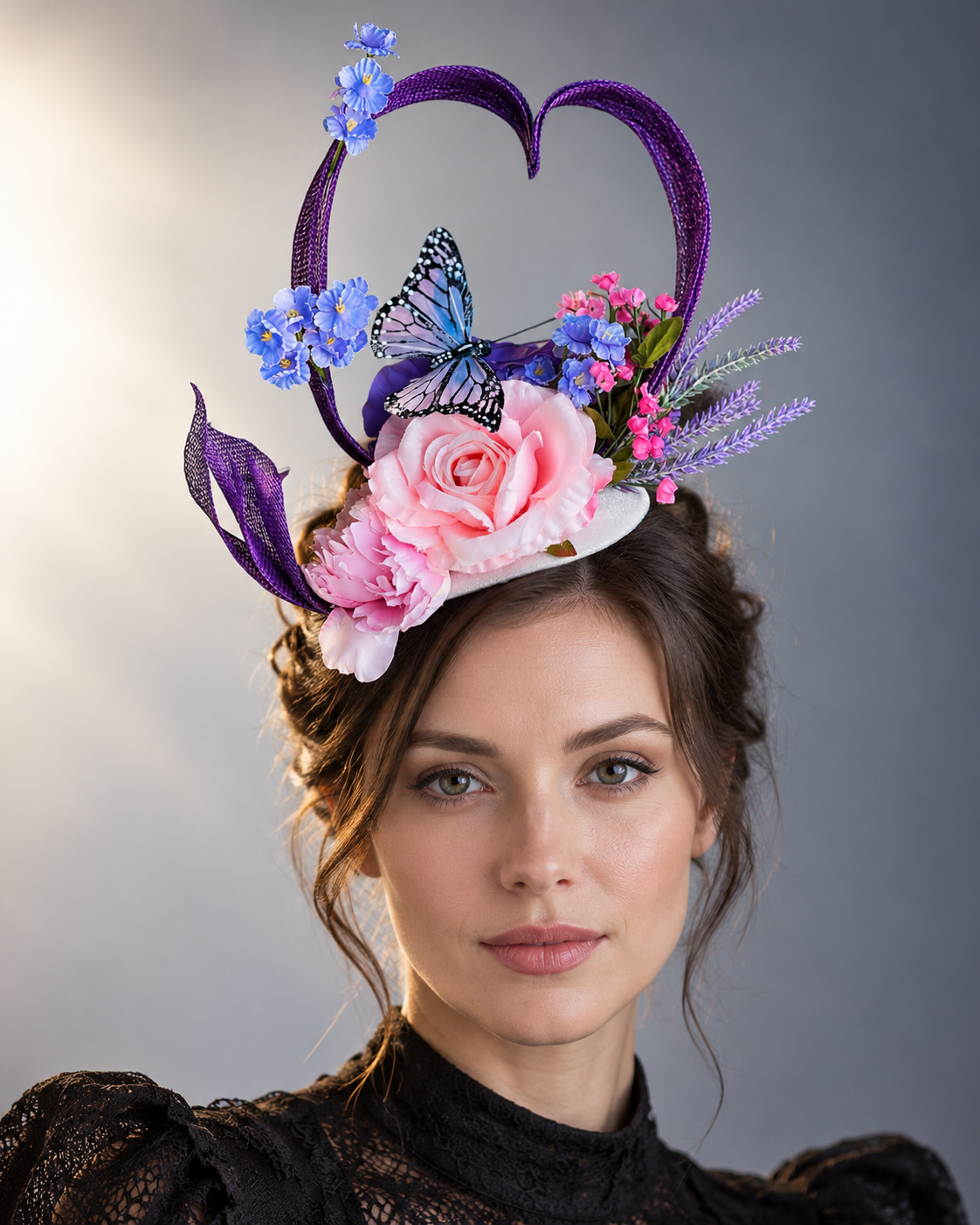 Purple Heart Bloom Fascinator featuring a purple heart-shaped sinamay loop, pink roses, lavender flowers, butterfly accent, and headband.