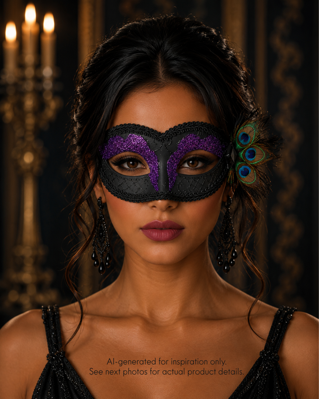 Black and purple peacock feather masquerade mask with purple glitter eye accents, black trim, jewel detail, and ribbon ties for formal gala events.