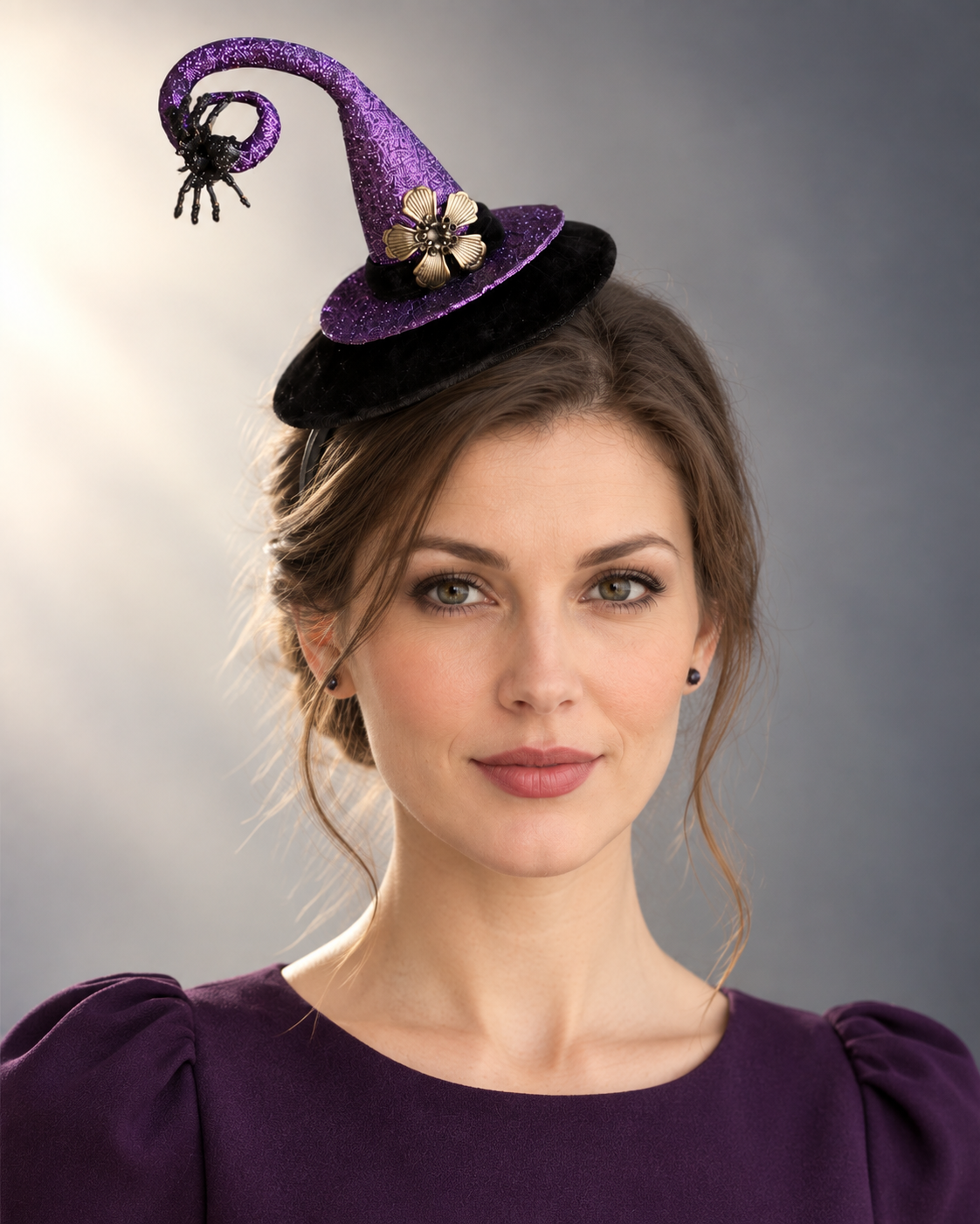 Purple Spellbound Witch Hat Fascinator with glitter finish, curled tip, dangling black spider, and floral embellishment.