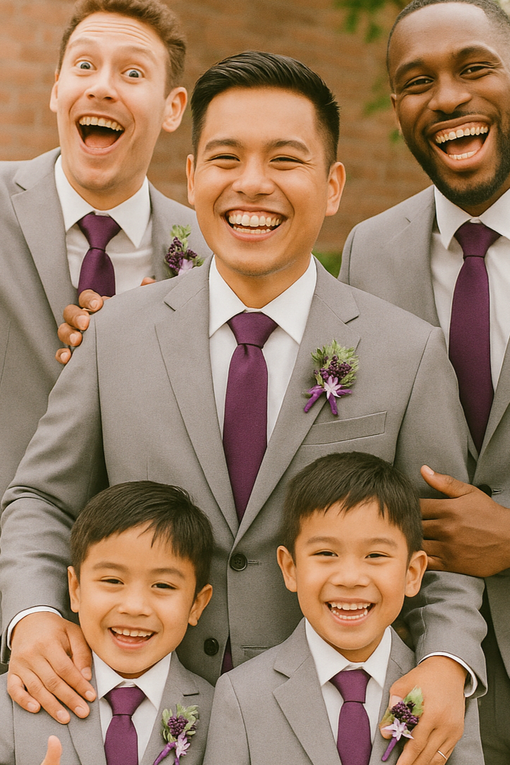Smiling wedding party in grey suits with purple ties and Purple flower masquerade boutonniere 
