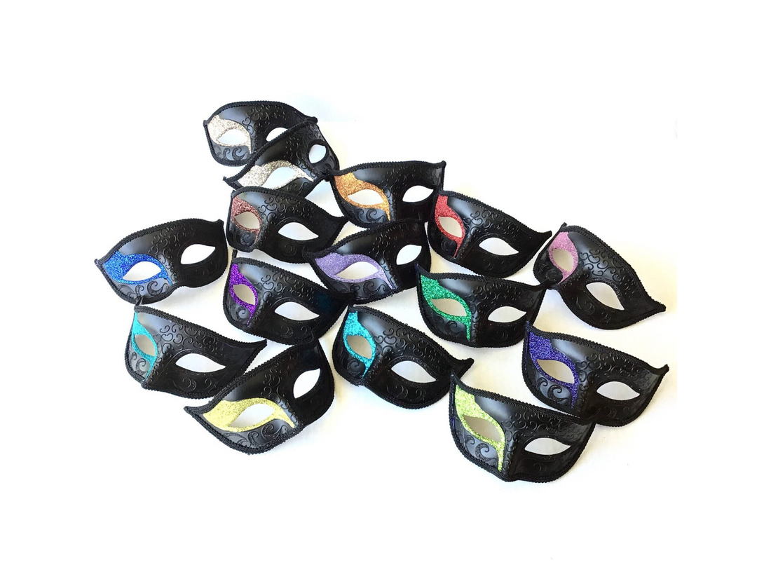 Multicolor masquerade mask set for group events, featuring bold shades on black satin.