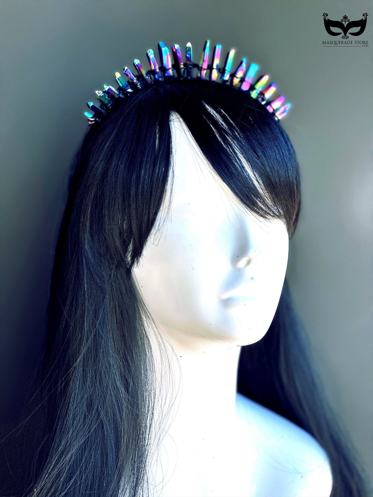 Rainbow quartz crystal headband with iridescent finish for festivals, pride, and gothic outfits