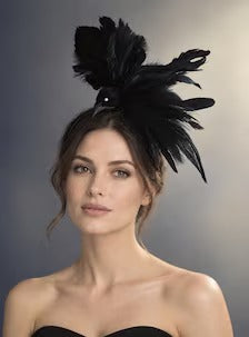 Raven Headpiece black feather crow fascinator on headband for gothic Halloween costume and Victorian styling.