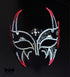 Red and black horned masquerade mask with rhinestone accents, curved horn points, ribbon ties, and gothic Venetian-inspired styling for formal events.