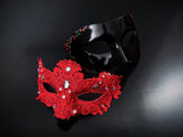 Elegant red rhinestone lace mask paired with a sleek black masquerade mask, ideal for romantic themed events.