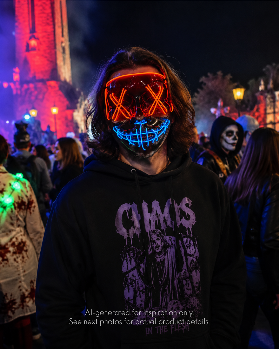 Red blue Fusion Voltage LED mask with red split and blue glow, crossed eyes, stitched smile, replaceable battery, and three settings.