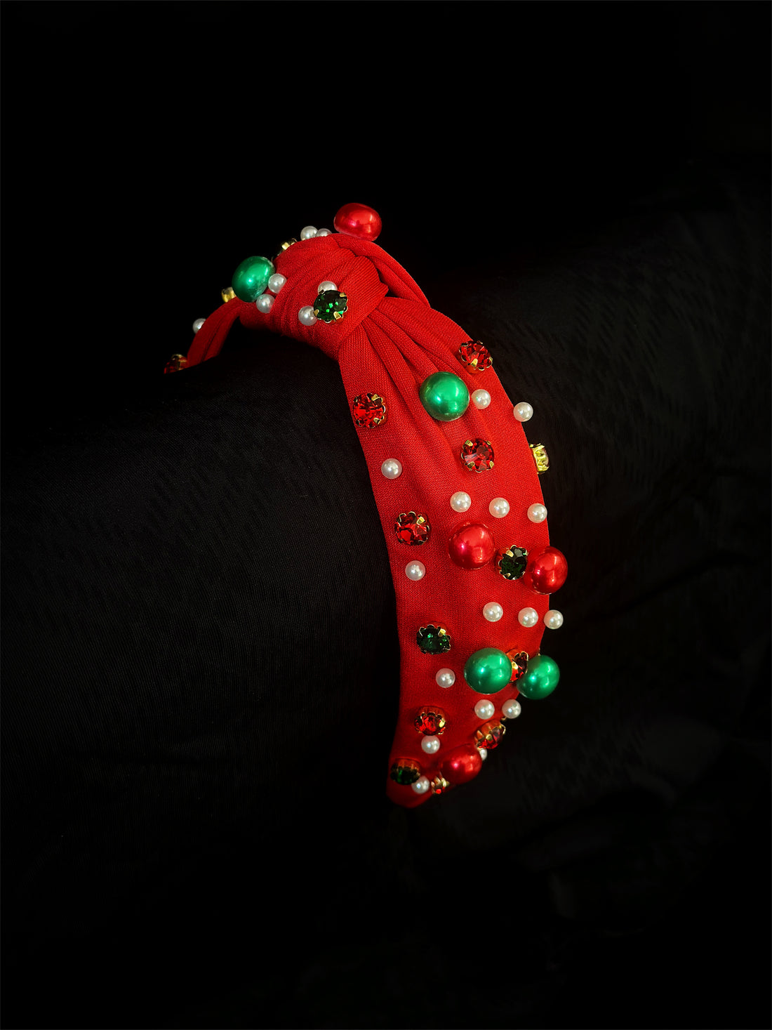 Festive red padded headband decorated with holiday gems and Christmas icons