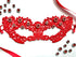 Red floral lace masquerade mask with crimson rhinestones for gothic gala and Venetian ballroom events.
