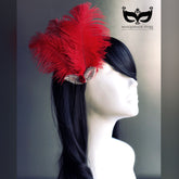 Elegant red feather hair clip with rhinestones, women’s derby and cocktail party hairpiece, tea party fascinator headpiece.