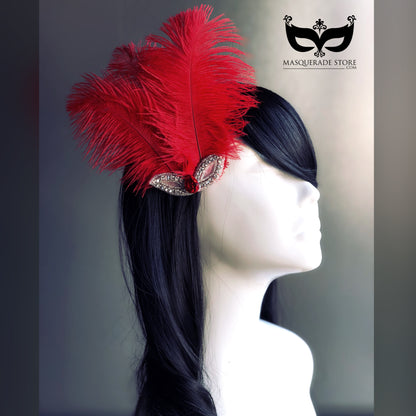 Elegant red feather hair clip with rhinestones, women’s derby and cocktail party hairpiece, tea party fascinator headpiece.