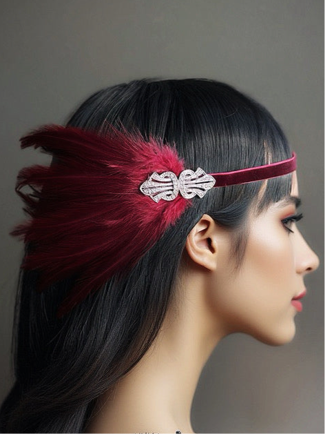 1920s red feather flapper headband for masquerade and vintage parties