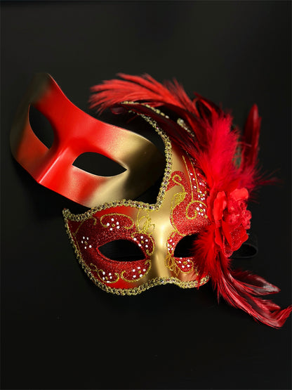 Red and gold masquerade couples masks, one with feathers and glitter detailing, ideal for Venetian masquerade balls, prom, and Mardi Gras celebrations.