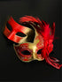 Red and gold masquerade couples masks, one with feathers and glitter detailing, ideal for Venetian masquerade balls, prom, and Mardi Gras celebrations.
