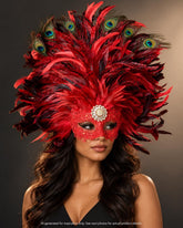 Large red feather Venetian masquerade mask featuring layered crimson and burgundy plumes, peacock eye feathers, decorative red scrollwork, and a gold floral centerpiece.
