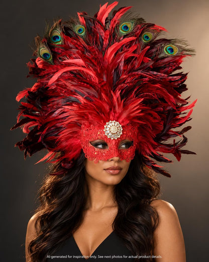 Large red feather Venetian masquerade mask featuring layered crimson and burgundy plumes, peacock eye feathers, decorative red scrollwork, and a gold floral centerpiece.

