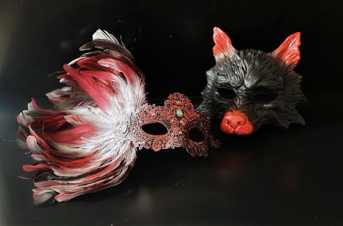 Red white and black couple masquerade mask set with wolf mask and feather lace mask for masquerade events.