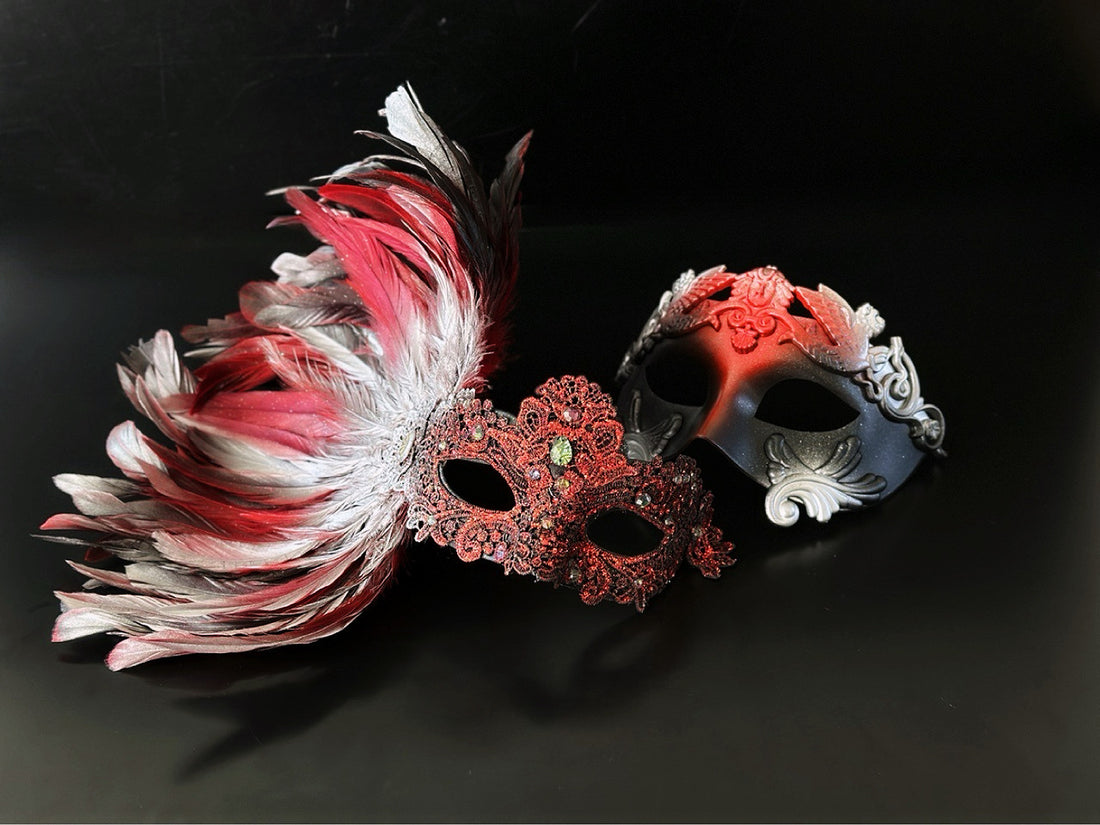 Red and silver feather masquerade mask set with ornate resin half mask for formal gala occasions.