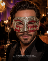 Red and silver harlequin masquerade mask featuring a distressed metallic silver base, red glitter eye accents, diamond harlequin pattern, raised scroll details, and theatrical Venetian styling for masquerade balls, Mardi Gras, Halloween, casino nights, and formal costume events.