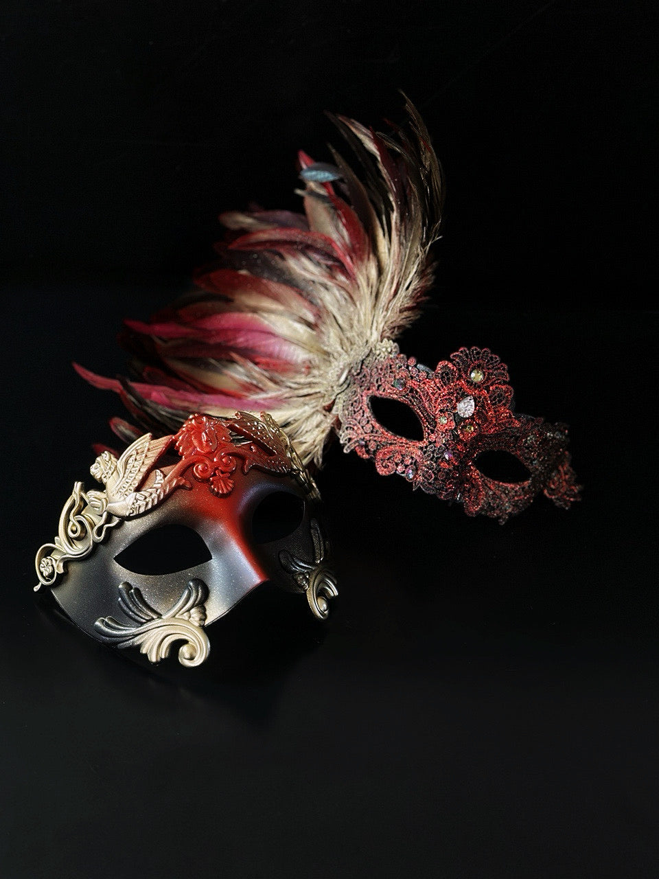 Roman masquerade mask set with feather plume and red lace accent for formal costume events.