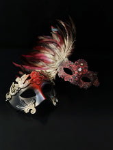 Roman masquerade mask set with feather plume and red lace accent for formal costume events.