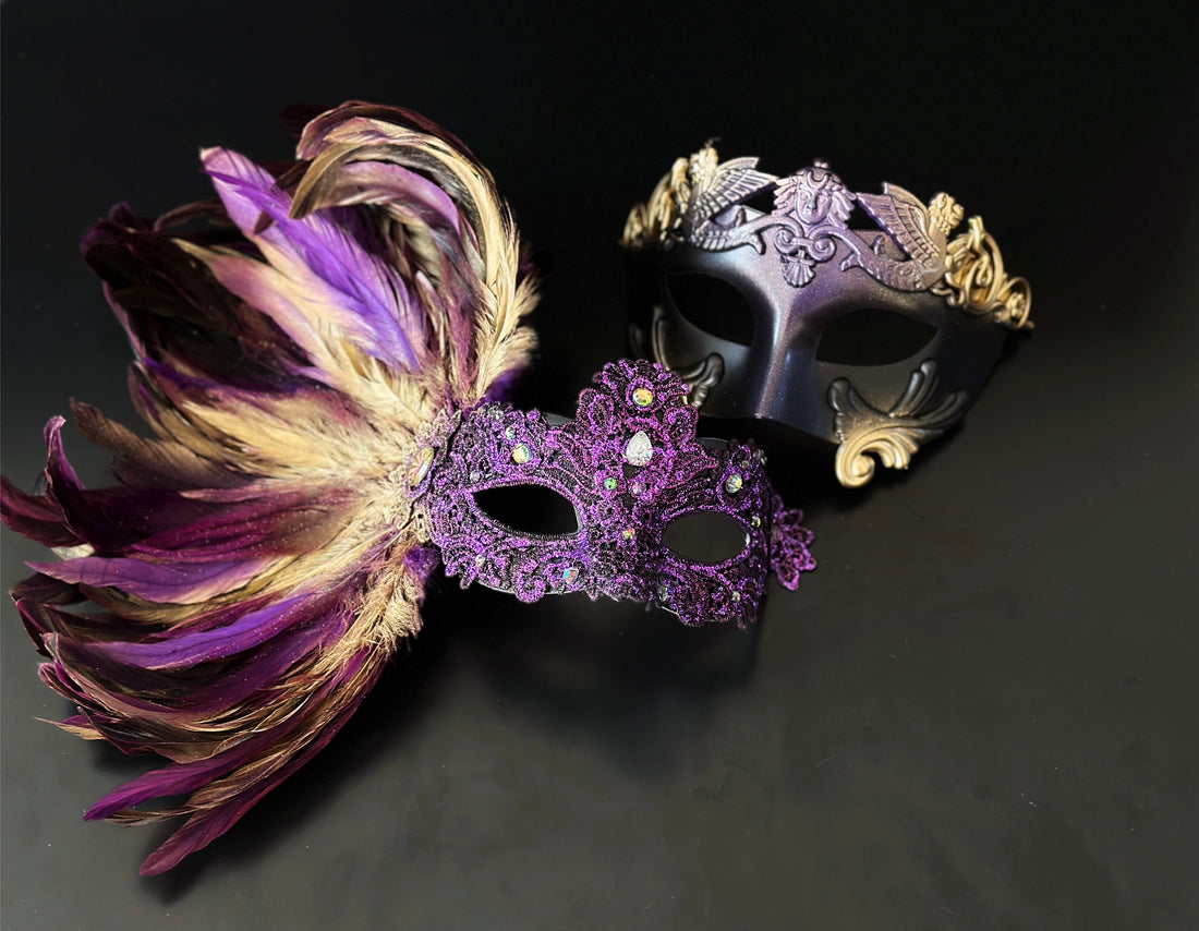 Purple feather masquerade mask set with ornate resin half mask for formal costume occasions.