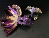 Purple feather masquerade mask set with ornate resin half mask for formal costume occasions.