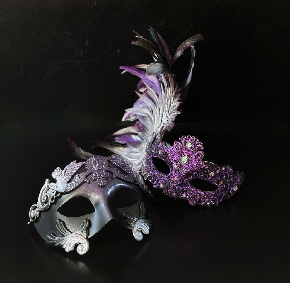 Purple feather masquerade mask set with ornate resin half mask for formal masquerade occasions.