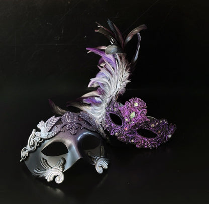 Purple feather masquerade mask set with ornate resin half mask for formal masquerade occasions.