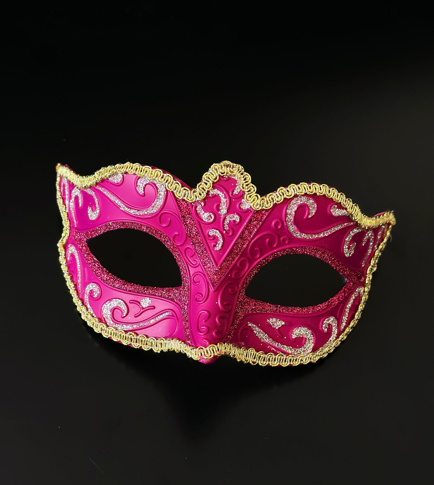 Pink Venetian masquerade mask with gold trim and silver glitter detailing for elegant formal events.
