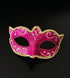 Pink Venetian masquerade mask with gold trim and silver glitter detailing for elegant formal events.