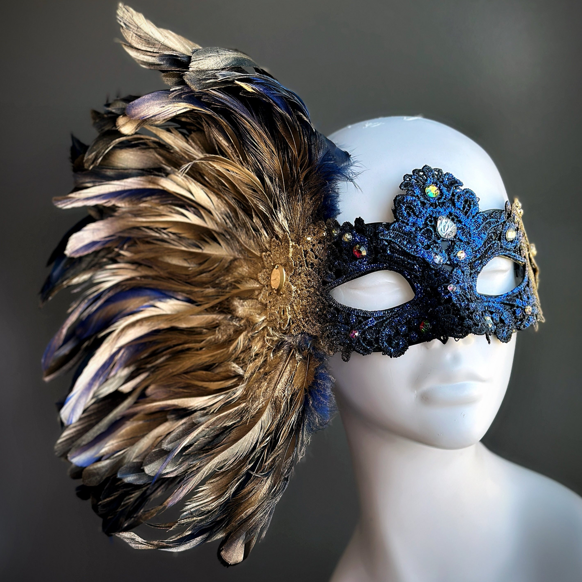Royal Plume - Feather Mask Blue Gold - Masquerade Store