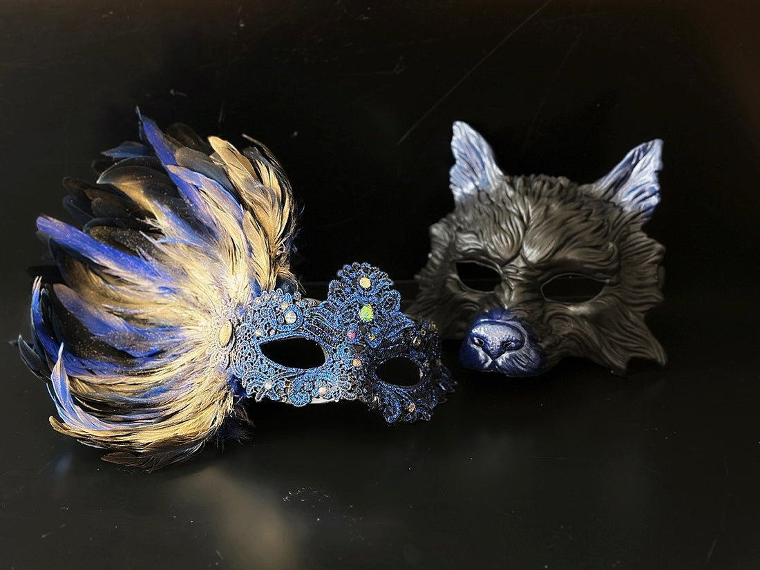 Royal blue and gold couple masquerade mask set with wolf mask and feather lace mask for masquerade events.