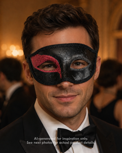 Ruby Nocturne men’s masquerade mask with black base, ruby red glitter eye accent, silver glitter detailing, raised scroll patterns, and ribbon ties.