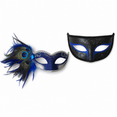 Sapphire blue couples masquerade mask set with black blue men’s Venetian mask and blue silver women’s mask with peacock feather accents.