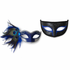 Sapphire blue couples masquerade mask set with black blue men’s Venetian mask and blue silver women’s mask with peacock feather accents.